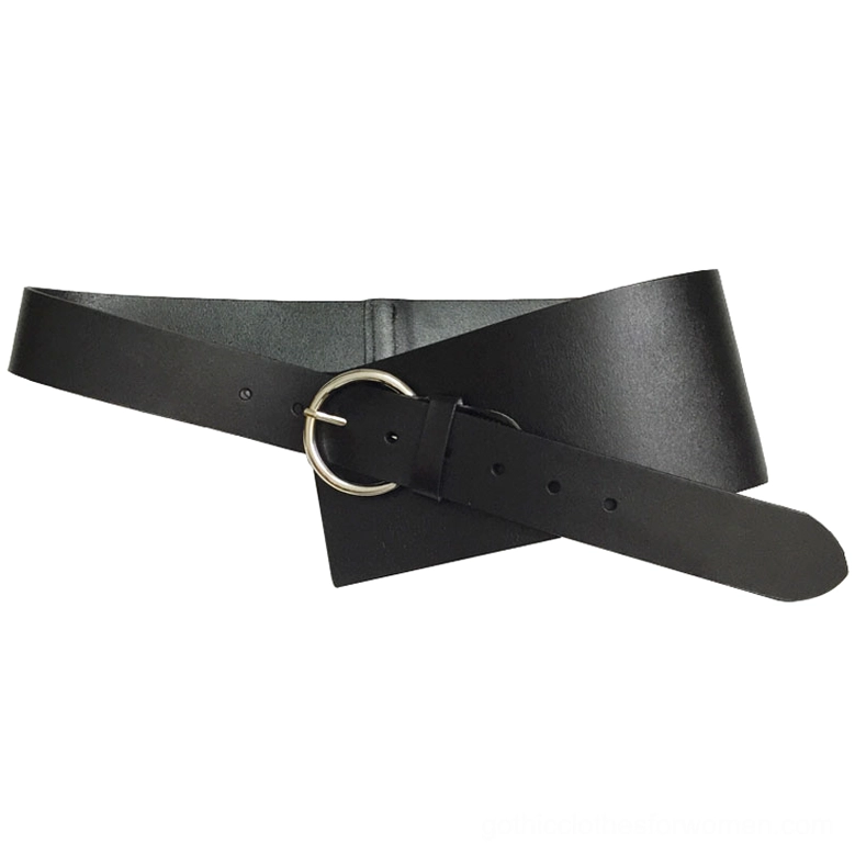 Black corset waist belt flat lay overhead view showing silver buckle adjustment holes and trapezoid tail