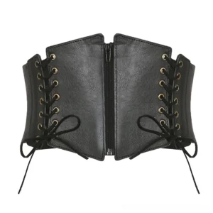 Black corset belt flat lay display - dual side lace-ups and central zipper closure with brass grommets detail