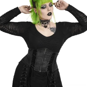 Black gothic corset belt with metal zipper and lace-up side details, worn as upper body fashion statement with fitted black top