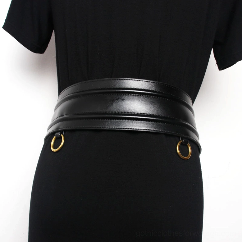 Black wide PU corset belt with side D-ring accents - back waist detail view
