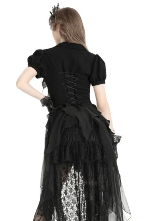 Gothic black ruffled blouse back view showcasing lace-up corset back detail