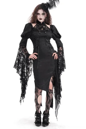 Black corset lace-up asymmetrical gothic dress with bell sleeves - front full-body view showing halter cutout and flared lace sleeves on model with gothic styling
