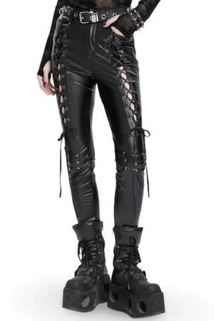 Black corset lace-up gothic pants front view on model, grommet details and side lacing visible