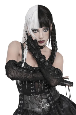 Black corset lace-up gothic arm warmers with fishnet mesh panels, front three-quarter view on model with alternative styling