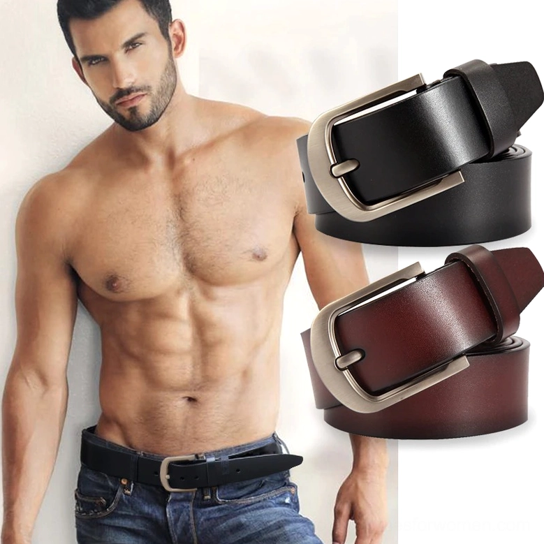 Black cowskin leather gothic belt with metal pin buckle, full length display on neutral background