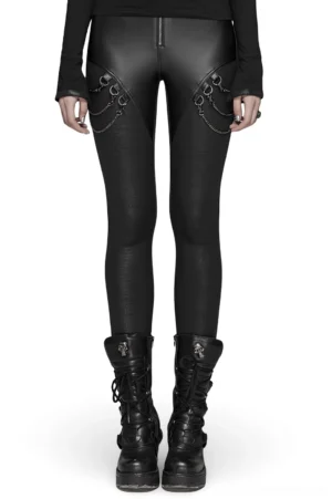 Black crackle PU leather gothic chain leggings front view on model, featuring thigh chain detailing and front zip closure