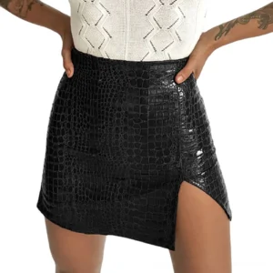 Black crocodile PU leather high-waist gothic mini skirt with side slit, worn by tattooed model, front body view