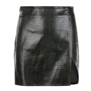 Black crocodile texture PU leather pencil skirt on mannequin, high waist with hidden side zipper, front flat lay
