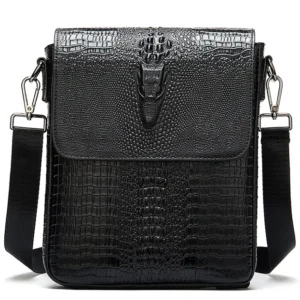 Black crocodile embossed genuine leather messenger bag for men, front flat view with structured flap closure and metal hasp hardware