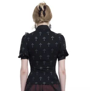 Black cross pattern gothic blouse back view, demonstrating all-over cross print design on fitted silhouette