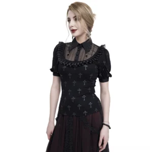 Black cross print gothic blouse with lace trim collar, shown on model in three-quarter front view