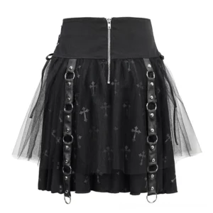 Black Cross Print Gothic Skirt Back View - Back Zipper Closure with Chain and Leather Strap Details