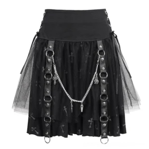 Black Cross Print Gothic Skirt Front View - Detachable Metal Chain with Waist Straps and Lace-Up Sides