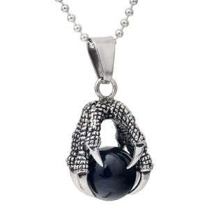 Black crystal dragon claw gothic pendant necklace front view - stainless steel dark statement jewelry