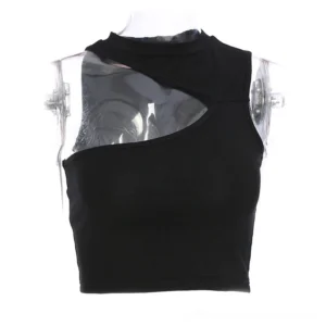 Black hollow neck gothic crop top front and rear three-quarter view on mannequin, sleeveless fitted silhouette