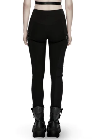 Black cyberpunk armor leggings rear full view on model, high-waisted close fit design with 3D geometric side panels and structured back armor details