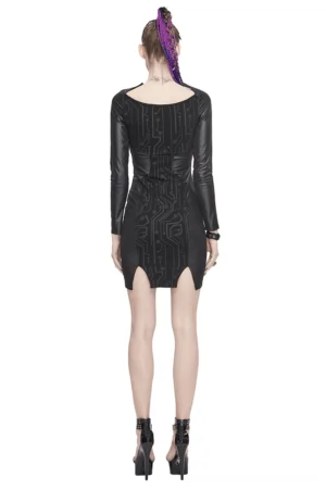 Back view of black gothic mini dress showing low square neckline, backless design, and PU leather back panel with side slit