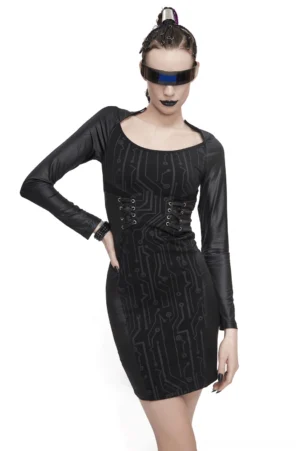 Black cyberpunk gothic mini dress with circuit print bodice, lace-up corset waist, and faux leather sleeves on model with futuristic styling