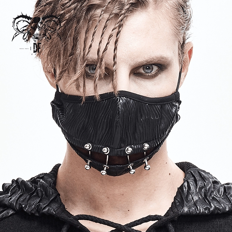 Black gothic cyberpunk face mask full product shot showcasing overall construction, wrinkled faux leather texture, and metal piercing accents on neutral background