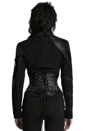 Black cyberpunk cropped jacket back view - lace-up corset waist and ribbed shoulder panels on model