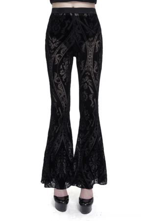 Women's black gothic flare pants front view – high-waisted slim fit with ornate damask mesh