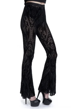 Black damask flare gothic pants side view – sheer mesh fabric with intricate flocked pattern
