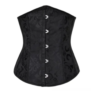 Black damask lace-up gothic corset with jacquard weave and front button closure, flat lay studio view