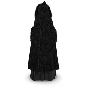 Black damask velvet Gothic cloak rear view showing dramatic full-length silhouette and faux fur hood trim