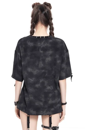 Distressed demon graphic gothic tee back view showing raw neckline and tie-dye texture on female model
