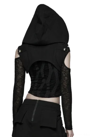 Black denim hooded capelet back view showing stud details and structural fit