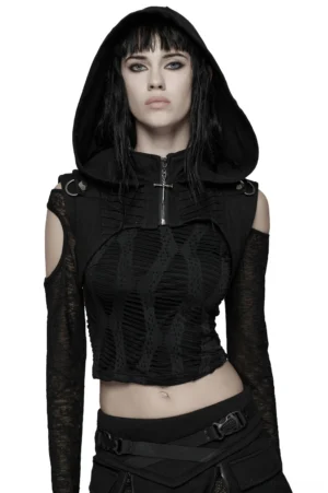 Black denim hooded capelet with cross zipper and polygonal studs - front full view on model