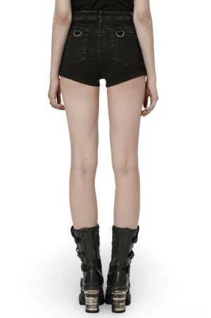 Black gothic denim shorts-skirt rear view showing high-waisted back pockets and harness straps