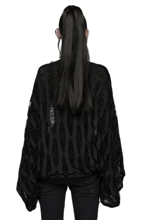 Black punk ripped knit cardigan back view - batwing loose sleeves with destroyed hollow texture