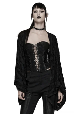 Black destroyed knit gothic cardigan with exaggerated raglan sleeves - front full body view on model