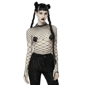 Black diamond mesh bodysuit front three-quarter view on gothic model with braided buns, sheer fishnet construction with high turtle neck and cross nipple covers