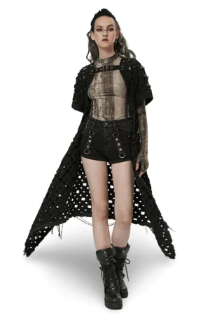 Black distressed cape cardigan with skull rivets and neck harness strap, full front view on tattooed model wearing gothic fashion