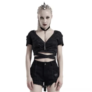 Black distressed v-neck gothic crop top front view with ripped mesh panels and faux leather back detail on model