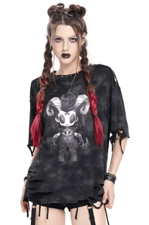Black distressed demon graphic gothic t-shirt with side ties, front view on model with red hair, oversized fit with ripped hem details