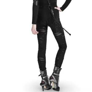 Black ripped mesh gothic leggings back view with platform heels and tassel waist detail