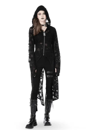 Black distressed lace hooded gothic coat front view on model, featuring central metal zipper and asymmetrical hem design