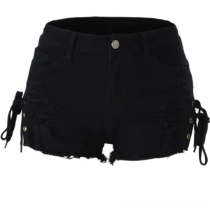 Black high-waist mini denim shorts with side lace-up design and frayed distressed details, front studio shot