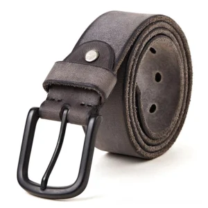 Black distressed leather belt with matte metal pin buckle, front three-quarter view on white background