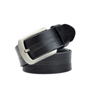 Black distressed leather gothic pin buckle belt with matte silver hardware, overhead flat lay view showing vintage grain texture