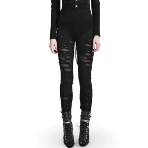 Black distressed mesh panel gothic leggings front full-body view on model in studio