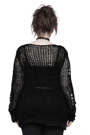 Rear view of black distressed gothic mesh sweater, displaying open crocheted fabric texture, lower back distressed cutout details, and semi-sheer weave construction