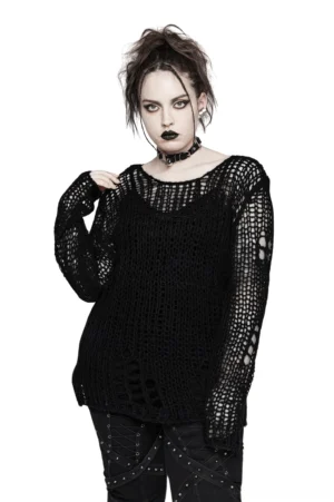 Black distressed mohair gothic pullover sweater front three-quarter view, showing round neckline, long sleeves, and irregular mesh cutouts, displayed on female punk model against white studio background