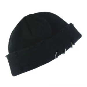 Black distressed ring knit beanie with metal ring accents on rolled cuff, side view showing gothic skull cap design