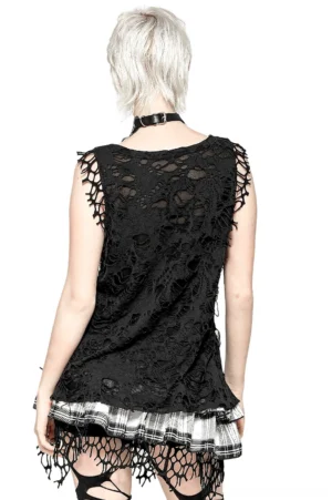 Gothic black tank top back view showing hollow-out knit design and frayed hem