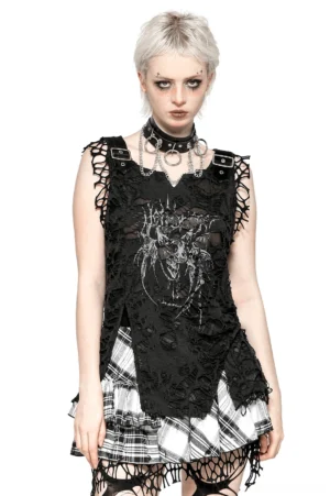 Black distressed skull graphic tank top with metal buckle straps front view on model