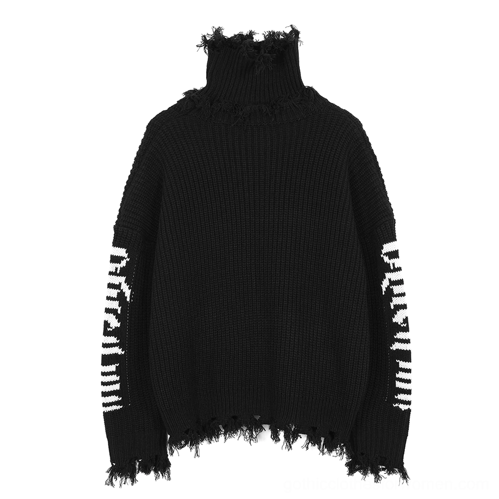Black distressed turtleneck sweater flat lay back view - solid black with ribbed knit and frayed edges